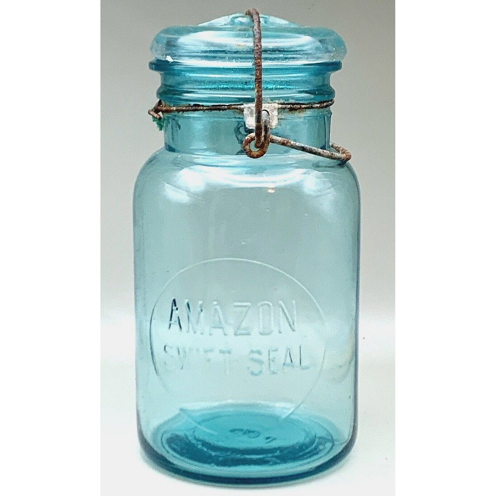 Aqua AMAZON SWIFT SEAL c 1920 Bail Top Orig Glass Lid Jar 7.5" Antique Vintage